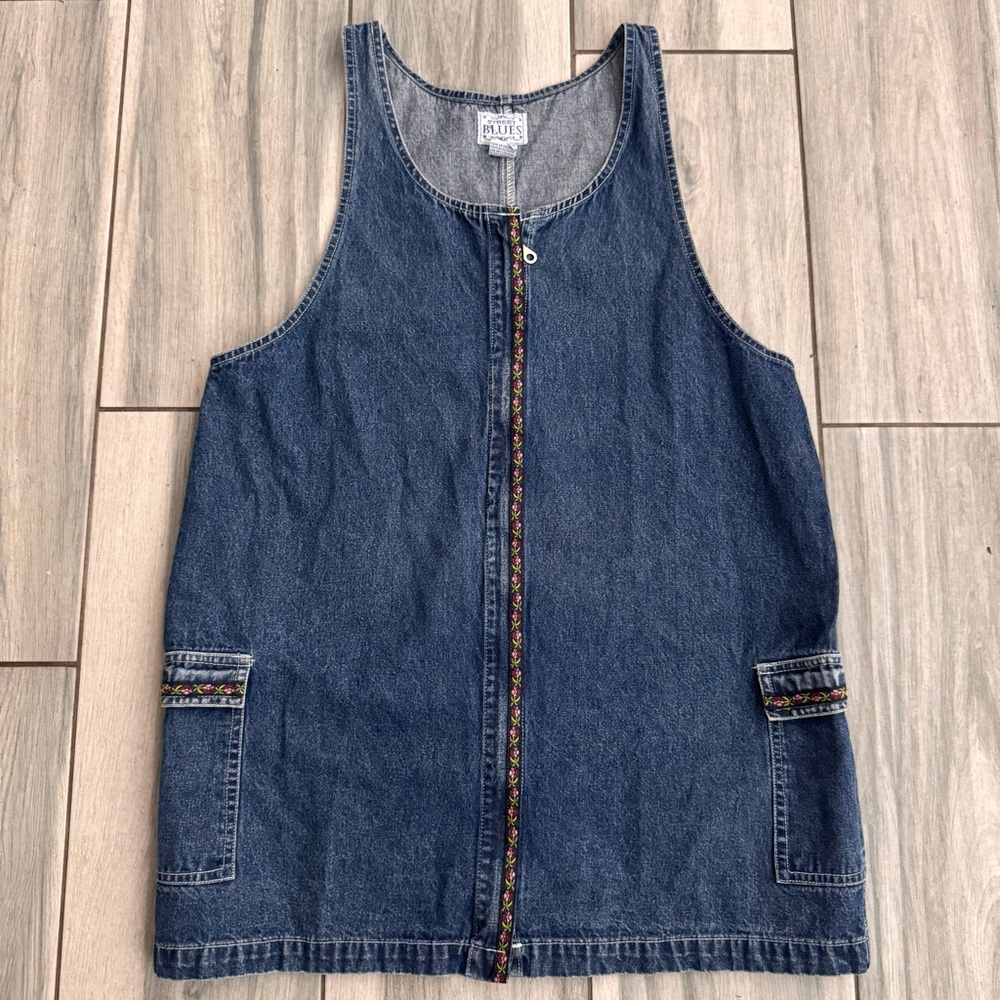 Women’s Vintage Street Blues 90’s Denim Dress Floral Embroidered Trim Large
